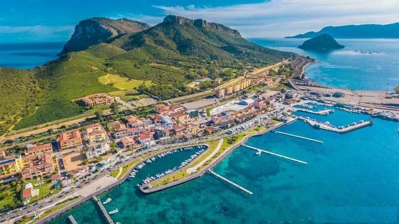 Golfo Aranci seen from above: waterfront, harbour and sea